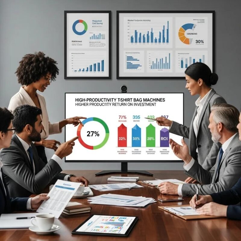 Reunión de negocios discutiendo el ROI de máquinas de bolsas tipo camiseta