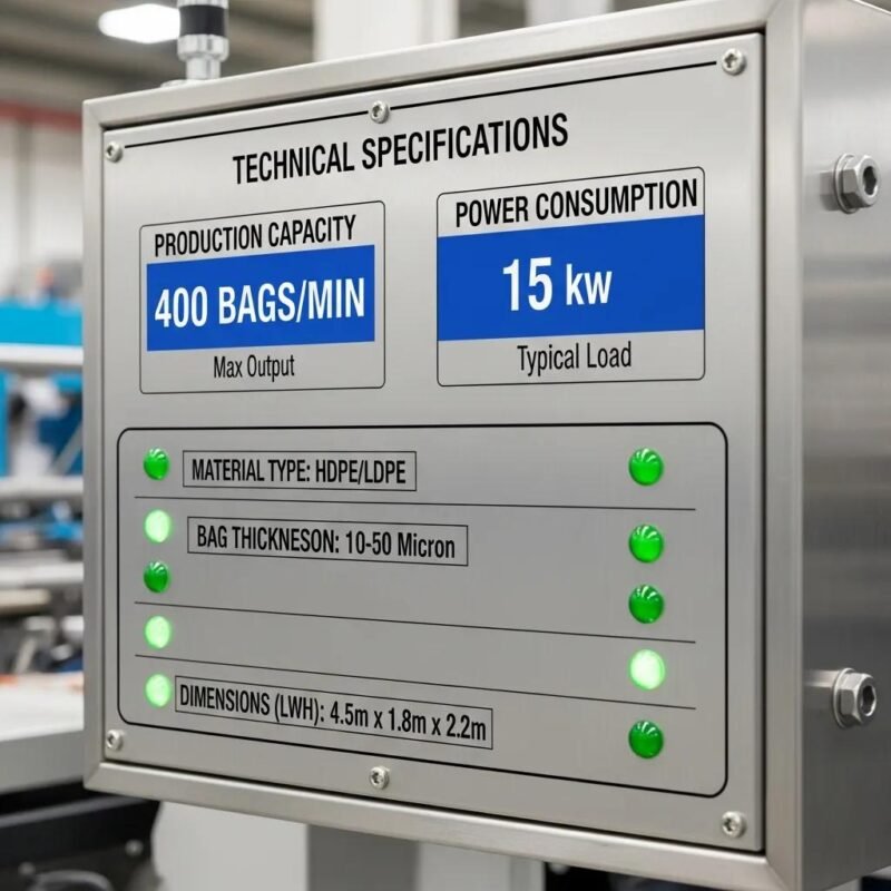 Primer plano de especificaciones técnicas en una máquina de bolsas tipo camiseta