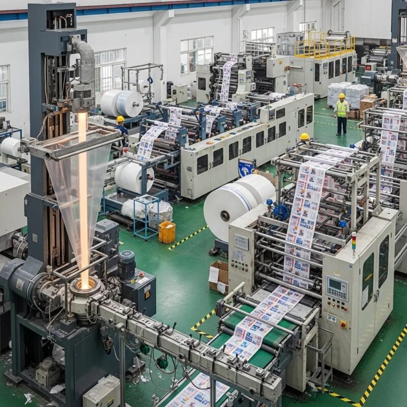 Diferentes tipos de máquinas para fabricar bolsas plásticas en un entorno de fábrica