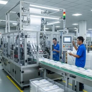 High productivity t-shirt bag machine in an industrial environment