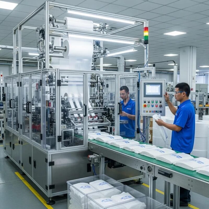 High productivity t-shirt bag machine in an industrial environment