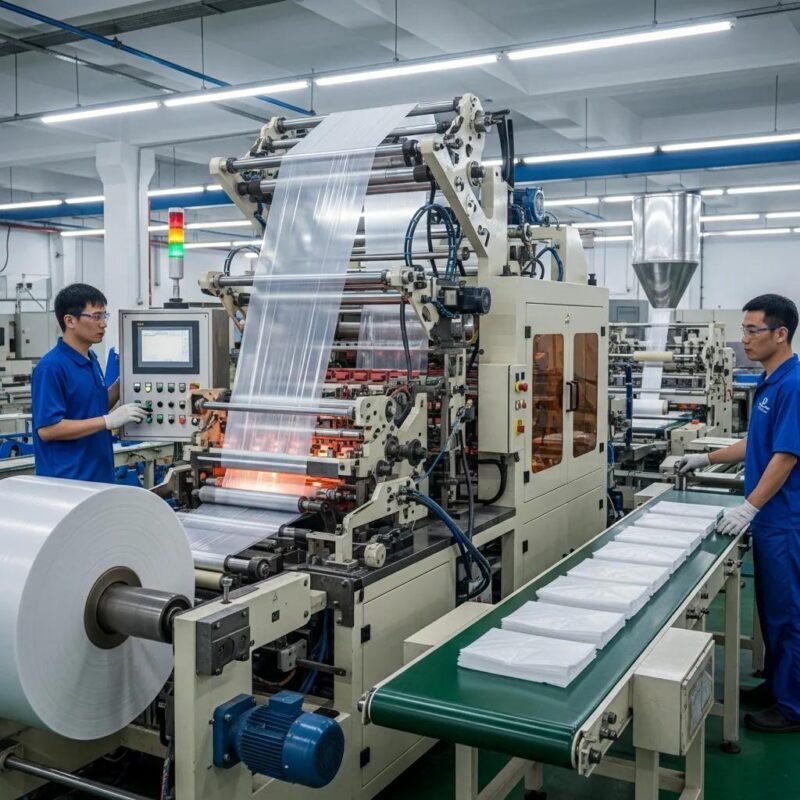 Modern plastic bag making machine in an industrial environment