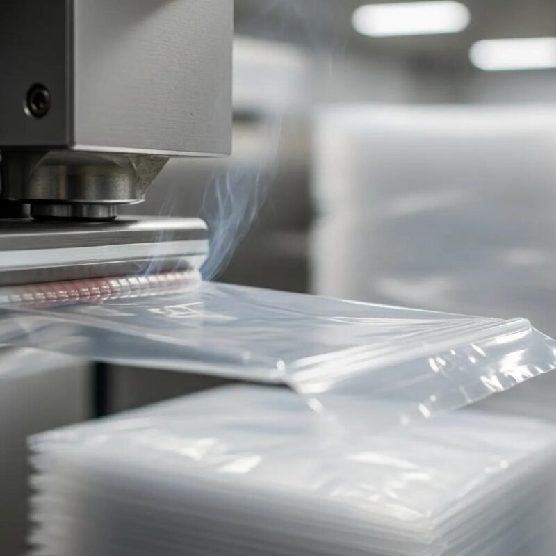 Close-up of the sealing process of a plastic bag showcasing technology