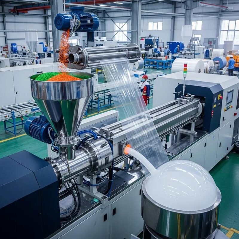Modern blown film extruder in a factory setting with plastic pellets and film production