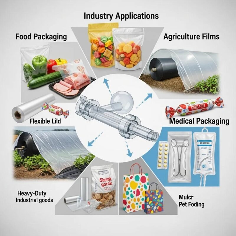 Various applications of blown film extruders including food packaging, agriculture, and medical uses